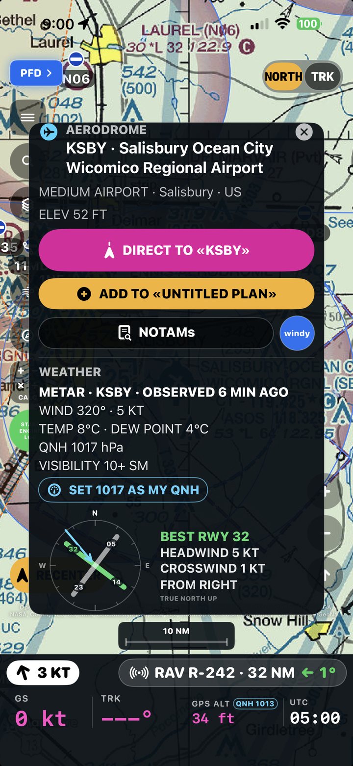 Aerodrome card with weather and DIRECT TO